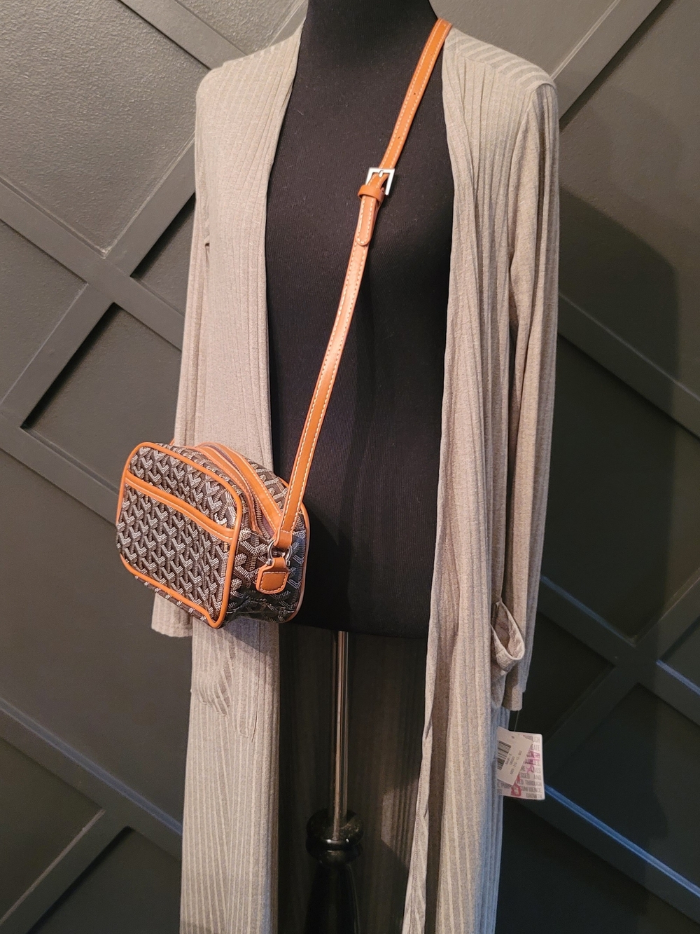 Brown Patterned Crossbody Bag with Tan Trim